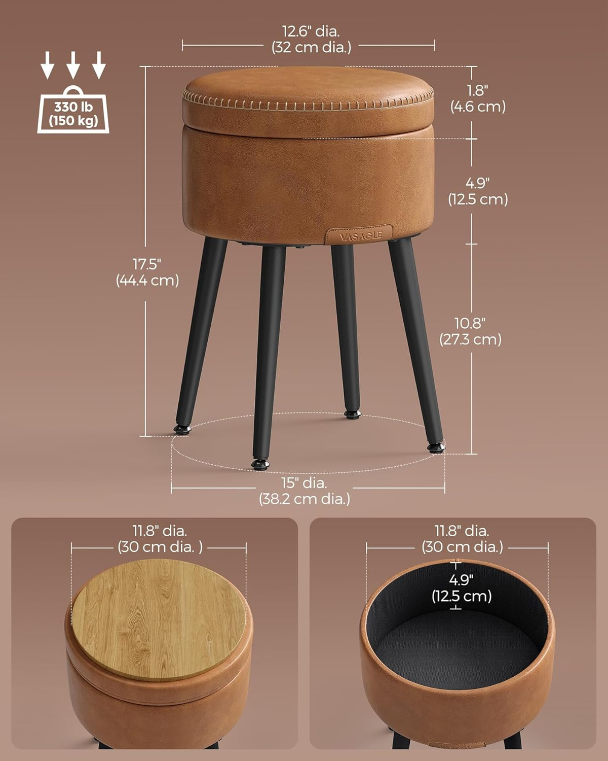 EKHO Collection - Storage Ottoman, Vanity Chair Stool, Synthetic Leather with Stitching, Mid-Century Modern, round Storage Seat with Steel Legs, Loads 330 Lb, Caramel Brown ULOM005K01