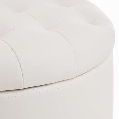 Round Storage Ottoman with Cover Lid Tufted, 19" Round Ottoman with Storage Faux Leather Ottomans for Living Room Bedroom Dorm (Ivory White)