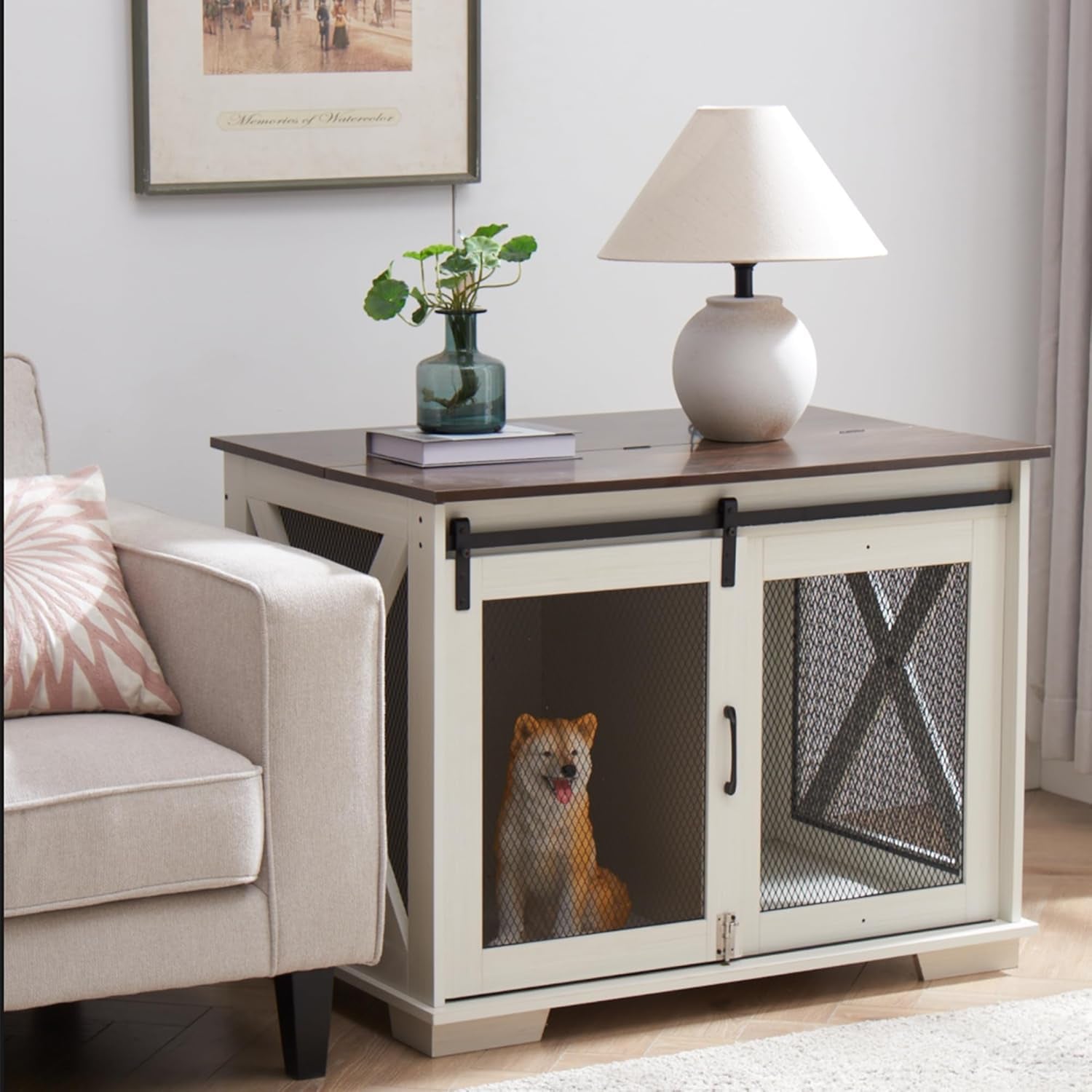 Dog Crate Furniture, Dog Kennel End Table Dog Kennel Indoor with Sliding Barn Door Heavy Duty Dog Cage XL Dog Crate Side Table with Flip-Top Plate and Detachable Divider for Medium, Large Dog