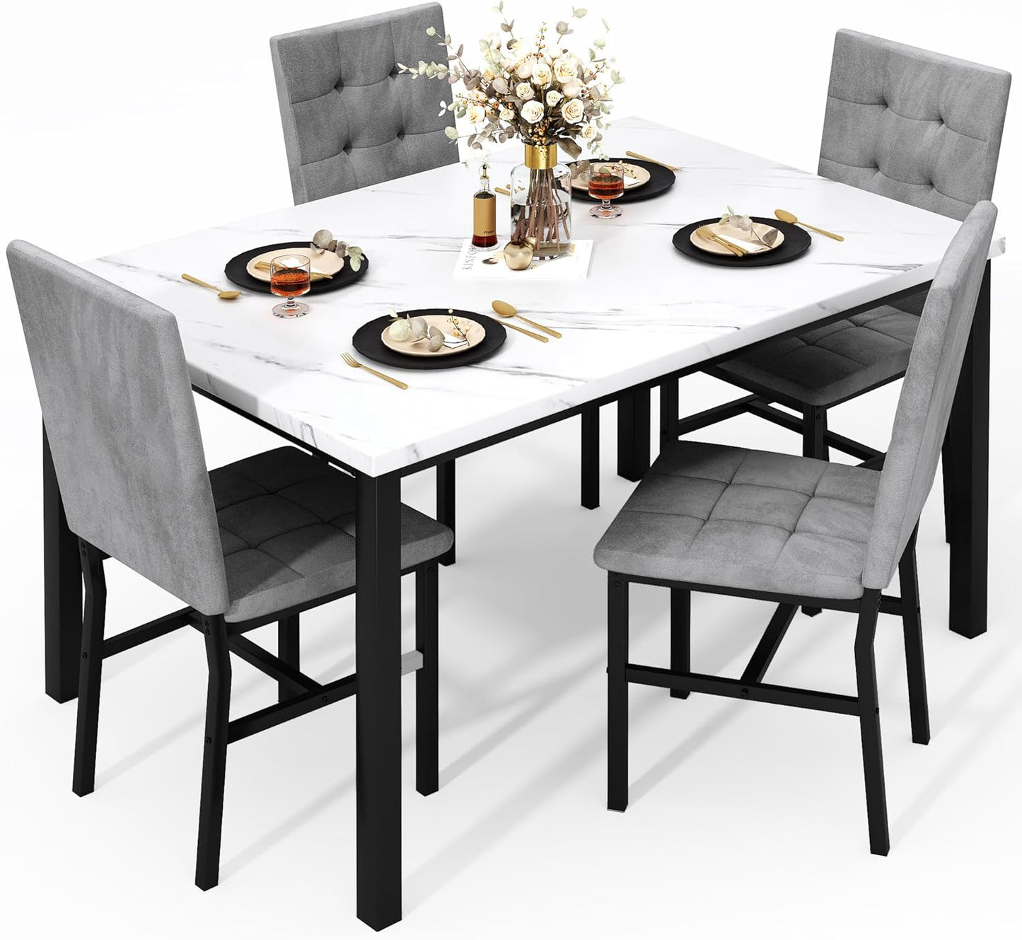 Dining Table Set for 4,Faux Marble Kitchen Table and Chairs Set of 4, Modern Dining Room Set for 4,Dinner Table Set with Velvet Chairs, Dining Set for Small Spaces,White & Grey