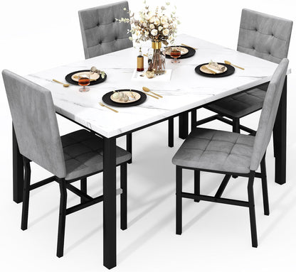 Dining Table Set for 4,Faux Marble Kitchen Table and Chairs Set of 4, Modern Dining Room Set for 4,Dinner Table Set with Velvet Chairs, Dining Set for Small Spaces,White & Grey