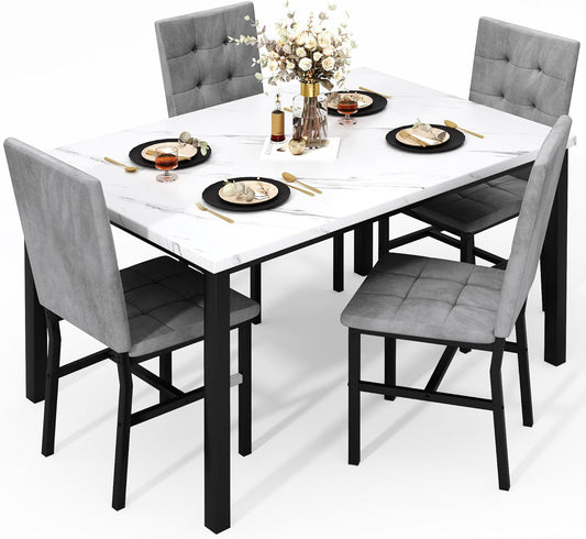 Dining Table Set for 4,Faux Marble Kitchen Table and Chairs Set of 4, Modern Dining Room Set for 4,Dinner Table Set with Velvet Chairs, Dining Set for Small Spaces,White & Grey