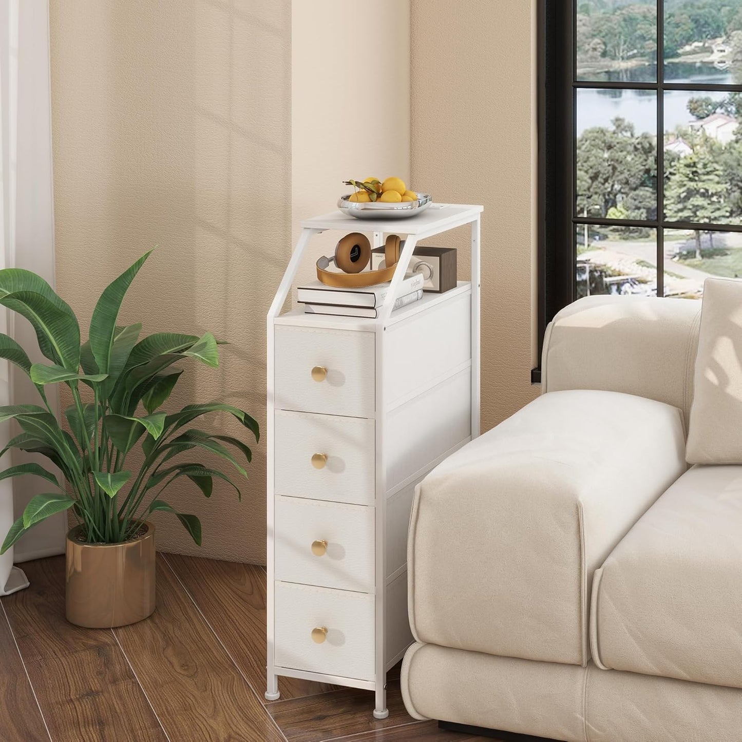 Narrow Dresser Tall Skinny Storage Tower Vertical Slim Chest of Drawers with Charging Station Small Nightstand Side Table for Bedroom, Bathroom, Small Spaces (White, 4 Drawers)