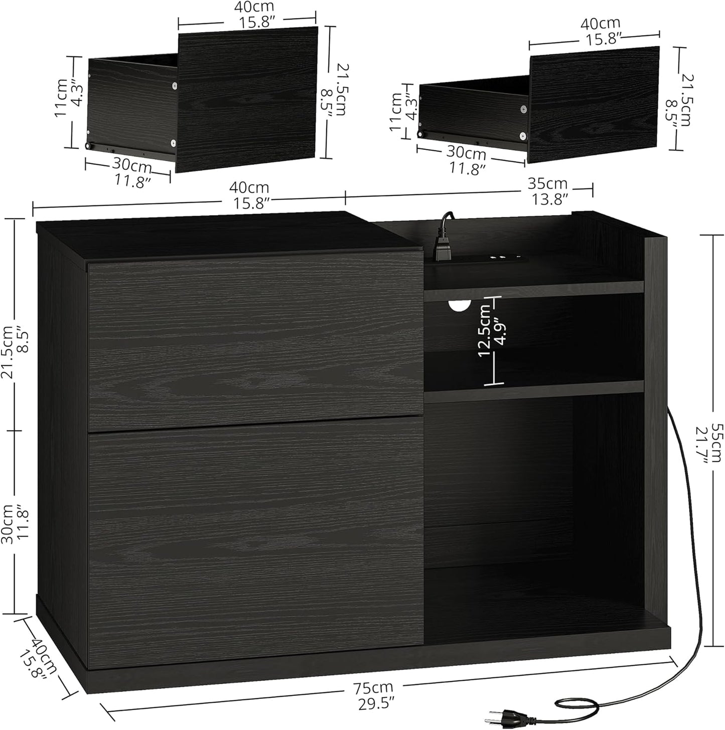 Black Night Stand with Shelves, Charging Station & LED, 2 Drawer Wooden Bedside Table Record Player Stand for Bedroom, Entryway, Large