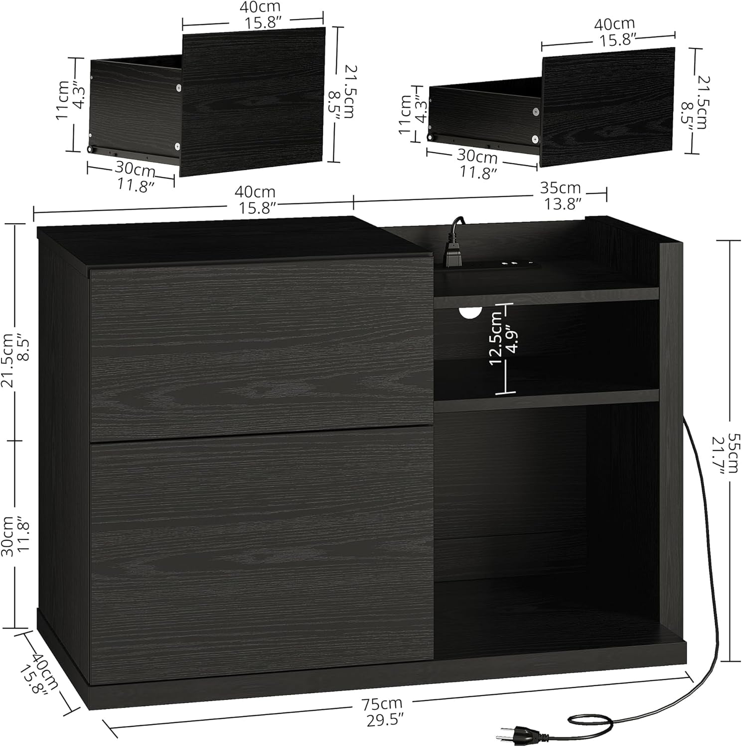 Black Night Stand with Shelves, Charging Station & LED, 2 Drawer Wooden Bedside Table Record Player Stand for Bedroom, Entryway, Large