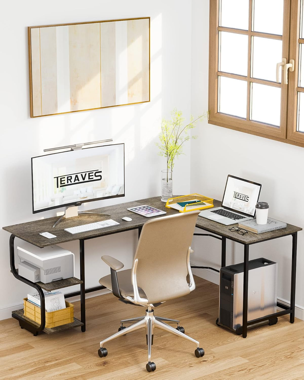 Reversible L Shaped Desk with Large Surface, 61 Inch Sturdy Corner Desk with Storage Shelves, Premium Office Computer Desk Workstation for Home Office Gaming