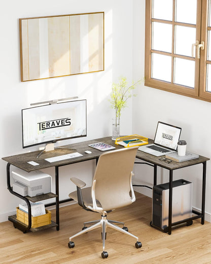 Reversible L Shaped Desk with Large Surface, 61 Inch Sturdy Corner Desk with Storage Shelves, Premium Office Computer Desk Workstation for Home Office Gaming