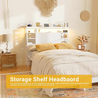 Twin Headboard with Storage, Headboard with Power Outlets and Smart LED Lights, Sturdy Head Board for Twin Size Bed, Stable Headboards Only for Bedroom, Dorm Room, Guest Room, White