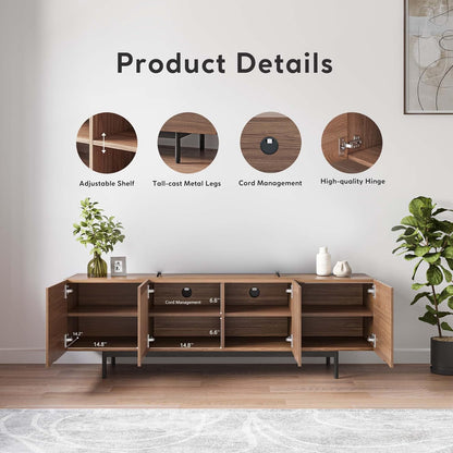 Full Assembled Mid-Century Modern TV Stand with Slatted Doors, Wood Media Console for 65 Inch TV, TV Console with Tall-Cast Metal Legs, Entertainment Center with Storage for Living Room