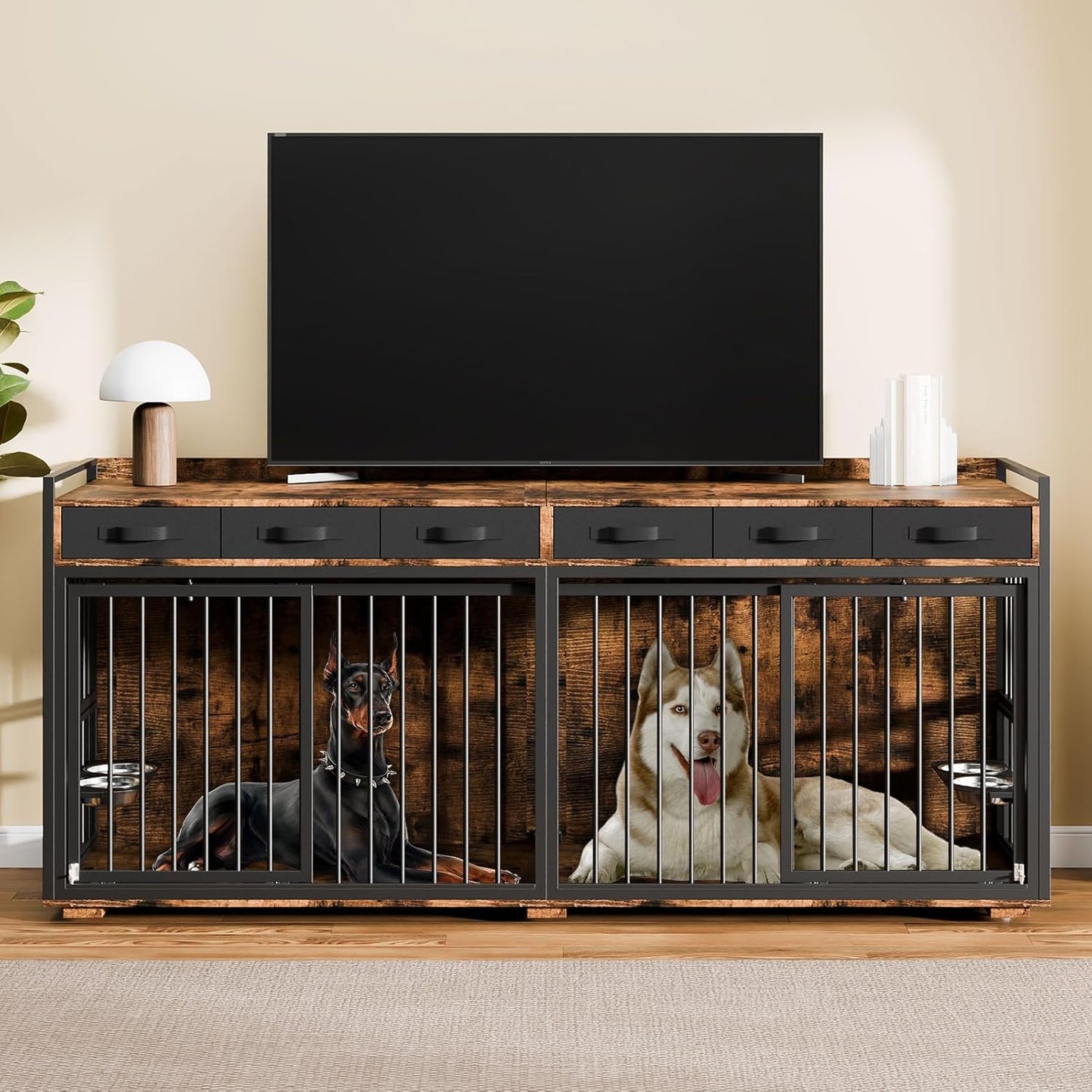 86.6" Double Dog Crate Furniture for Large Breeds,Metal Frame Heavy Duty Chew-Resistant Dog Crate Kennel for 2 Dogs with Adjustable Feeder Bowls/Removable Divider/6 Drawers,Rustic Brown