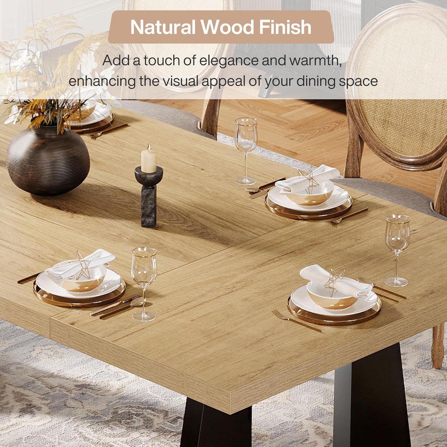 Large Dining Table for 6-8 People, 70.9-Inch Wood Rustic Rectangular Table with Black Wooden Legs, Farmhouse Center Kitchen Table for Dining Room, Living Room, Home Furniture, Oak and Black