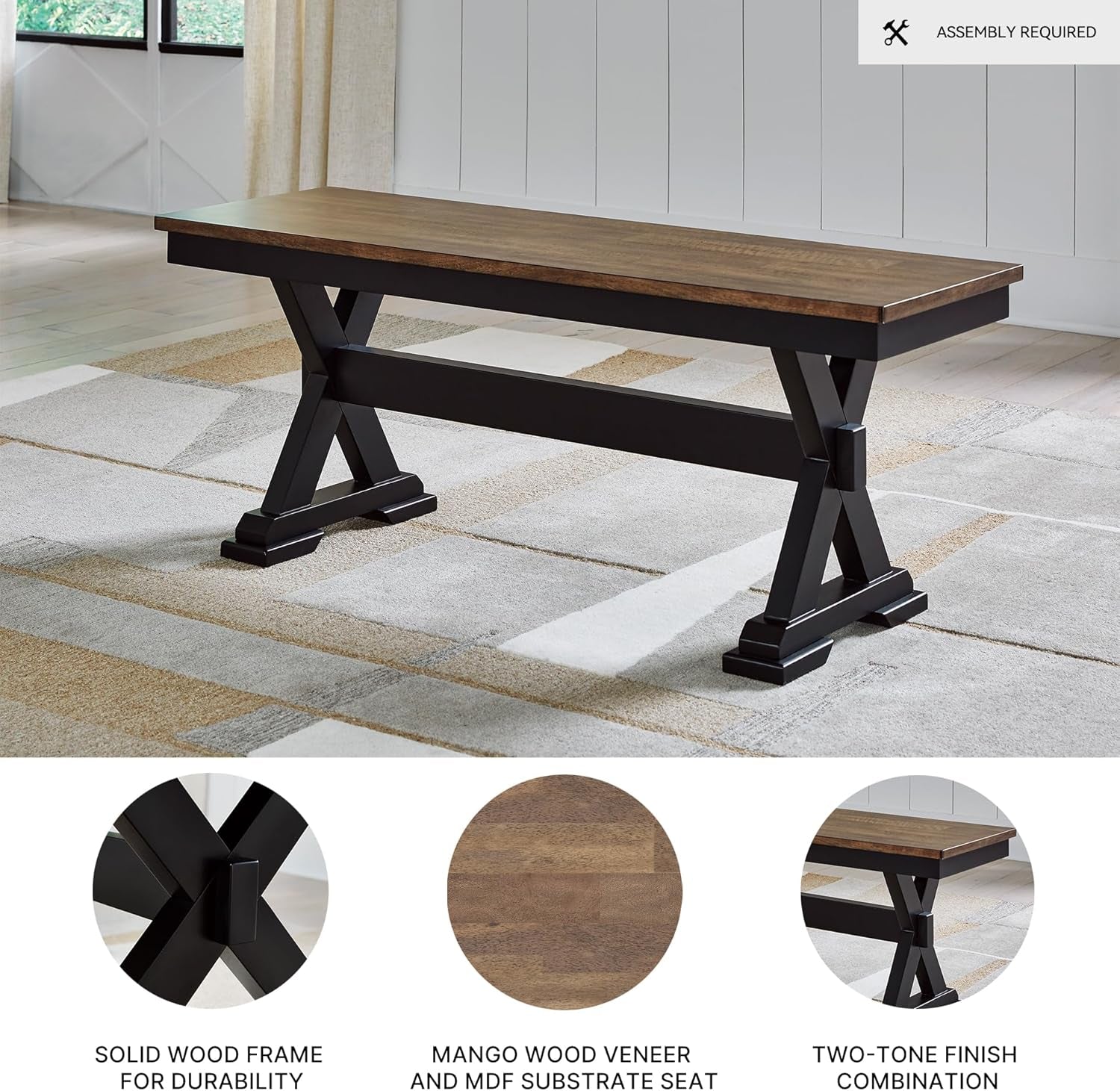 Wildenauer Farmhouse 50" Dining Bench, Dark Brown & Black