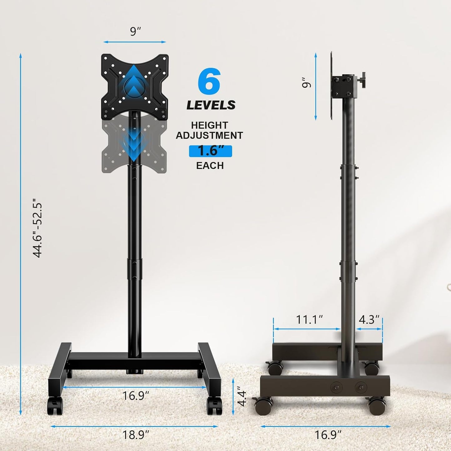 Mobile TV Cart Rolling TV Stand for 13-50 Inch Screens, Tilting and Rotating Mount, Portrait to Landscape, Height Adjustable Portable TV Stand with Wheels Holds up to 44Lbs Max VESA 200X200Mm