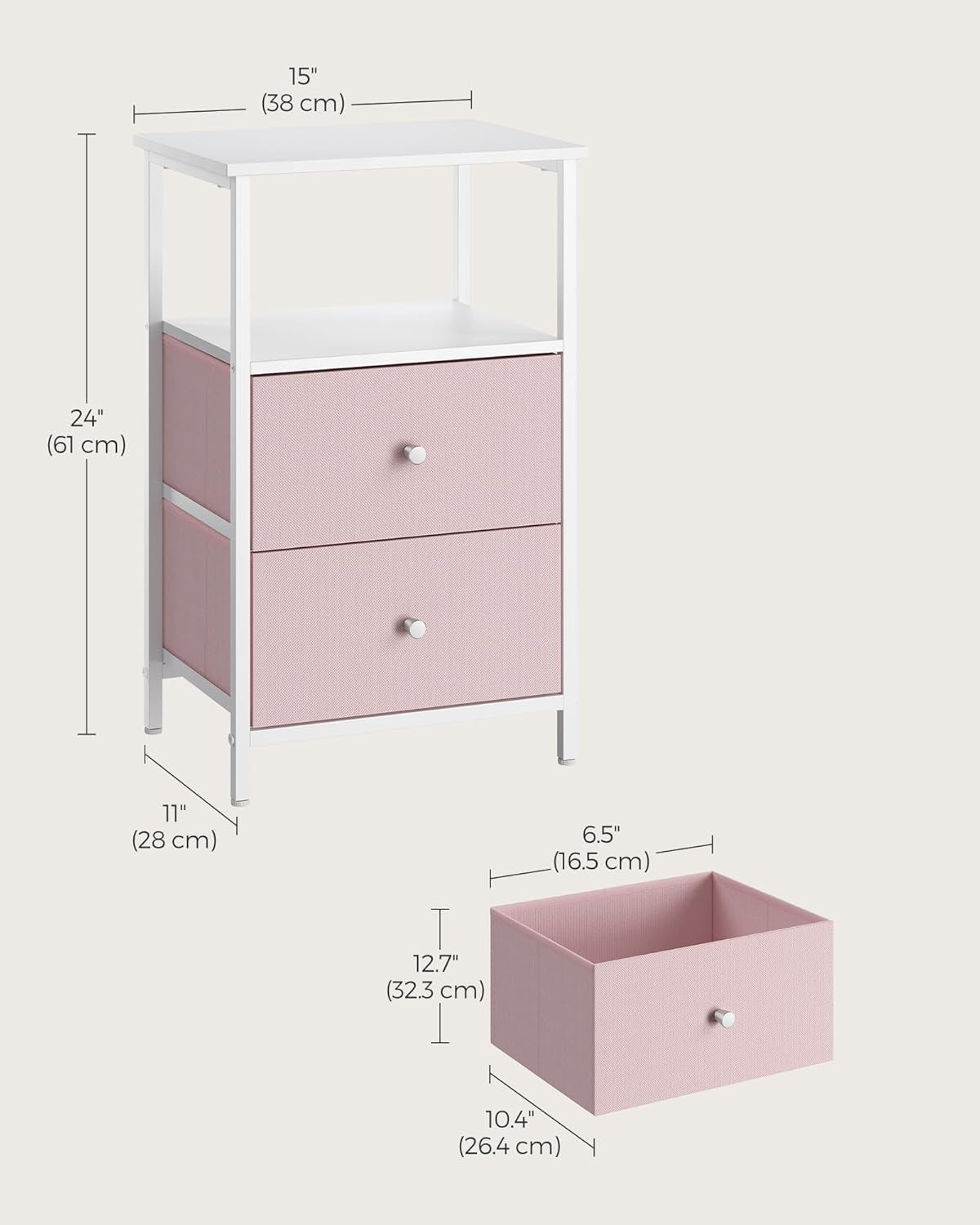 Nightstand, Side Table with 2 Fabric Drawers, 24-Inch Tall End Table with Storage Shelf, Bedroom, Jelly Pink and White ULGS025R05