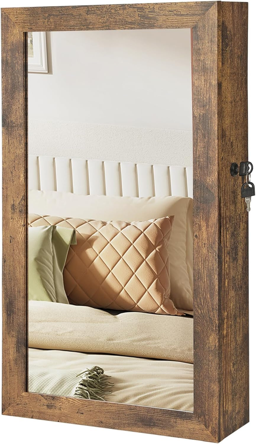 Lockable Jewelry Cabinet Armoire with Mirror, Wall-Mounted Space Saving Jewelry Storage Organizer, White UJJC51WT
