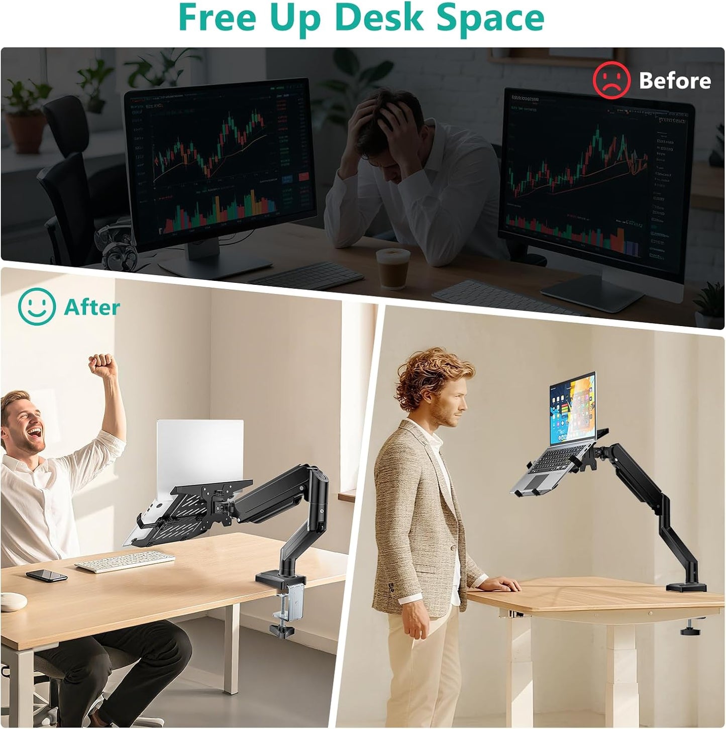 Laptop Desk Mount, 2-In-1 Monitor Mount with Adjustable Laptop Tray, Fits Max 17" Notebook and 34" Computer Screen, Max Holds 22-26.4 Lbs, Single Monitor Laptop Stand for Desk (GSMP001NLP), Black