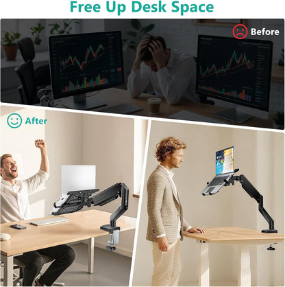 Laptop Desk Mount, 2-In-1 Monitor Mount with Adjustable Laptop Tray, Fits Max 17" Notebook and 34" Computer Screen, Max Holds 22-26.4 Lbs, Single Monitor Laptop Stand for Desk (GSMP001NLP), Black
