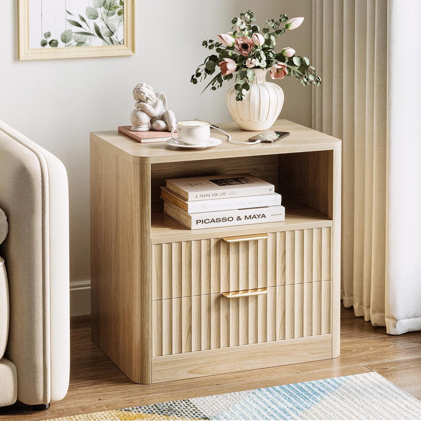 Fluted Night Stand Set of 2, Modern Nightstand with Charging Station, Drawers and Open Shelves - Bedside Table Wood Side Table Set for Bedroom, Oak