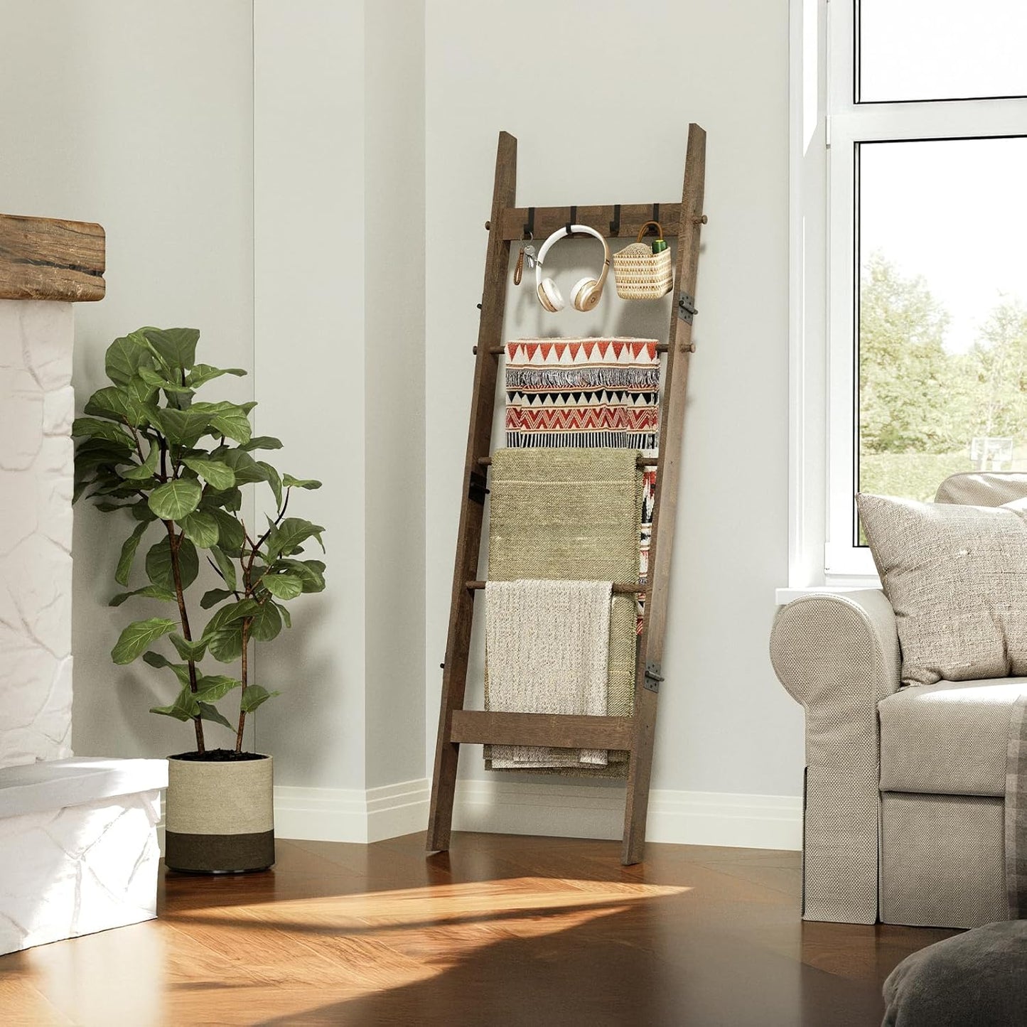 5-Tier Bamboo Ladder Shelf, Farmhouse Style Blanket Ladder, Rustic Decorative Ladder with 4 Removable Hooks, Brown