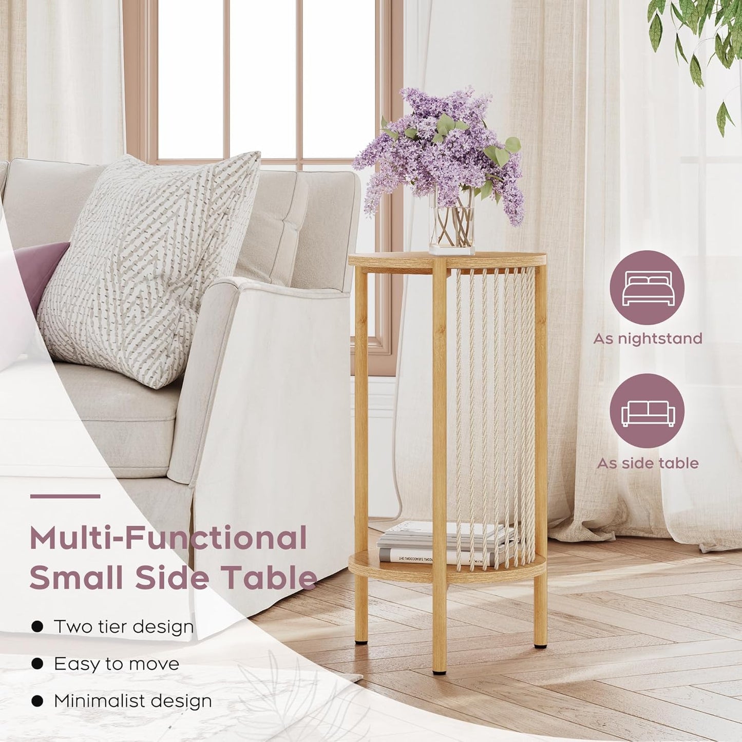 Natural Fiber Rope Coffee Table Set of 3 for Living Room, round Rattan Coffee Table and Two End Tables, Boho 2 Tier Modern Side Table with Metal Frame for Apartment Office (Natural)