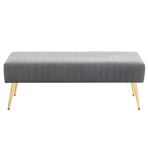 44 Inch Bedroom Benches, Upholstered Tufted Striped Fabric Ottoman Bench with X-Shaped Metal Legs for Living Room, Solid Wood Indoor Bench for Foyer (Grey)