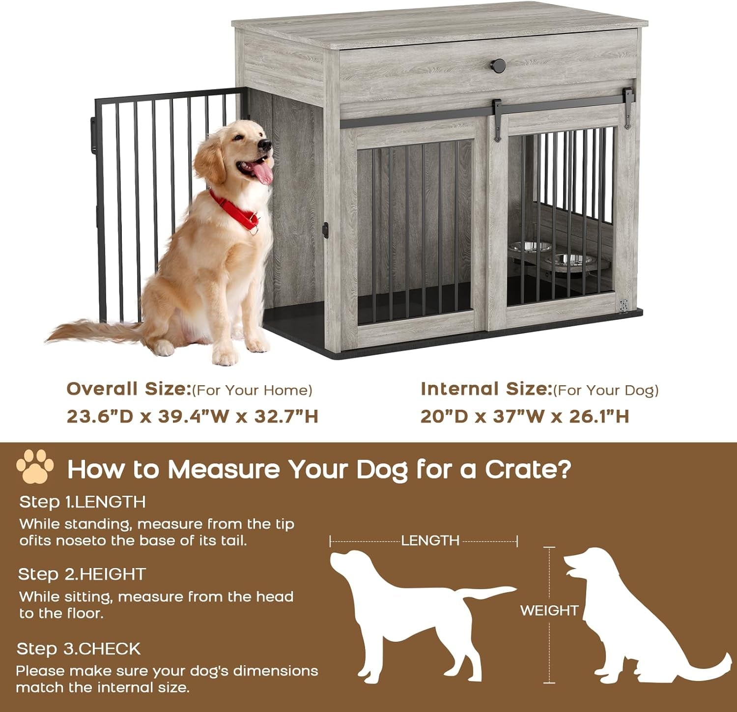 Large Dog Crate Furniture with Sliding Door & 360° Spinning Bowls | Durable Modern End Table for Medium & Large Dogs for Pet Owners (40-Inch)