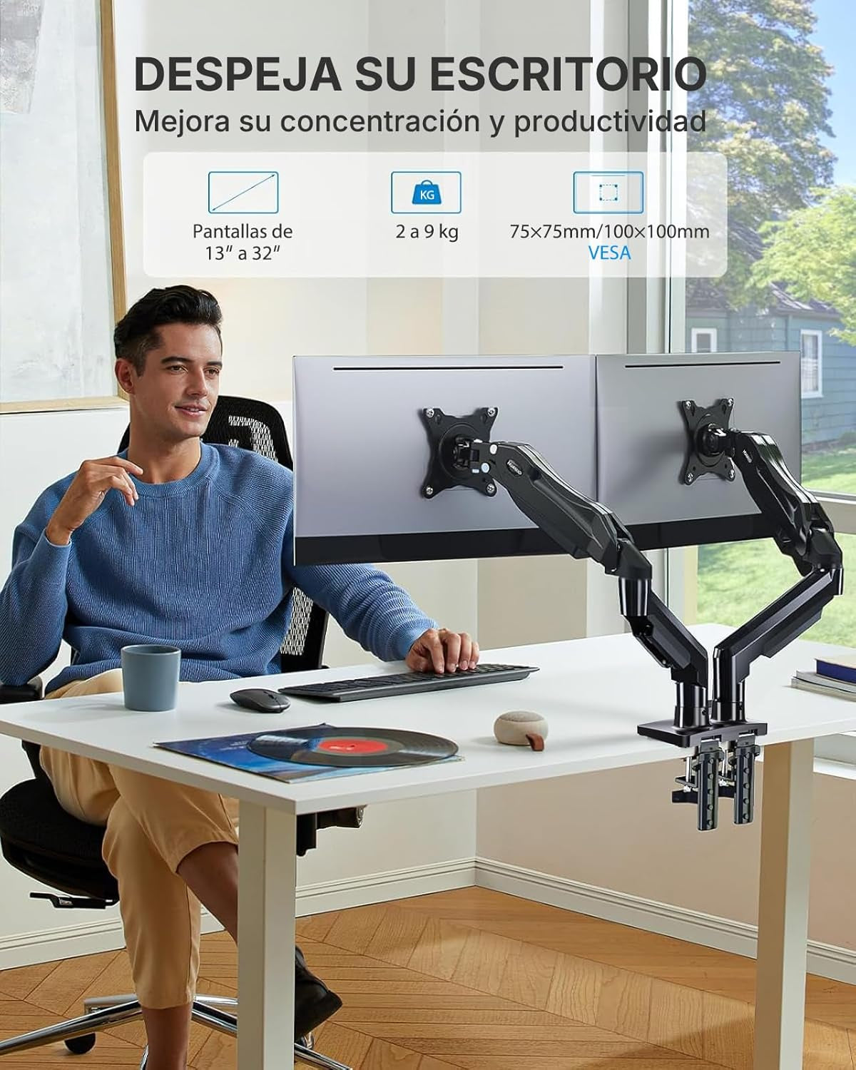 Dual Monitor Stand, Fully Adjustable Monitor Desk Mount for 13–32″ Computer Screens, Full Motion VESA 75X75/100X100 with C-Clamp & Grommet Base, Each Arm Holds 4.4 to 19.8 Lbs