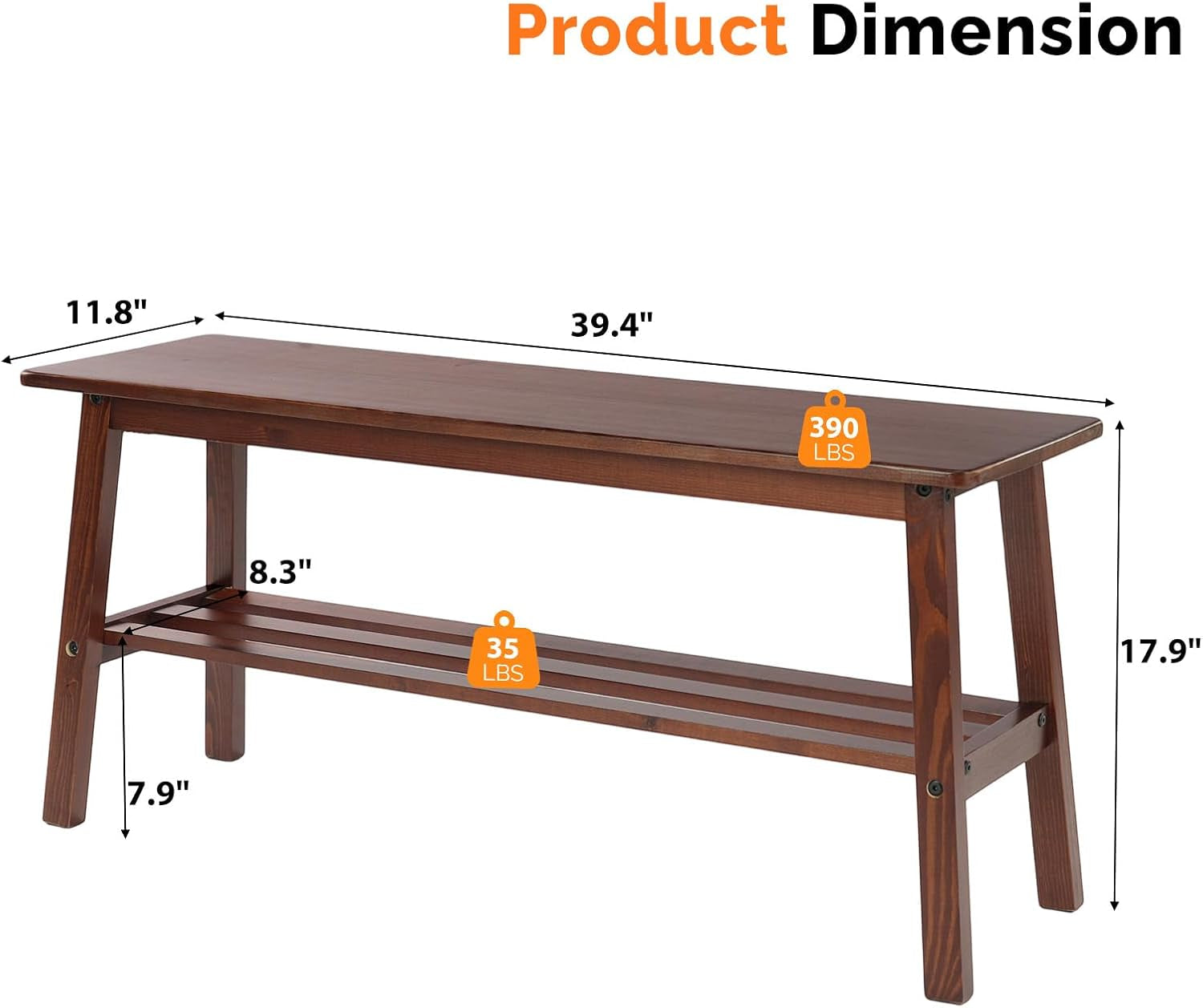 Solid Wood Dining Bench 39" Wooden Bench for Entryway, Bedroom, Kitchen & Living Room, with Shoe Rack Storage, Walnut