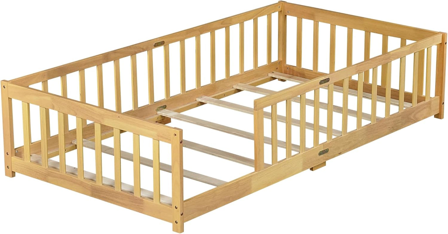 Twin Size Montessori Toddler Floor Bed with Wood Slats for Girls and Boys, Wood Montessori Bed Frame with Safety Guardrails, No Box Spring Needed, Natural