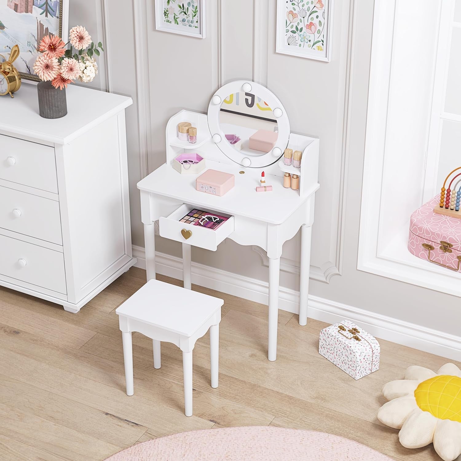 Kids Vanity, Girls Vanity Set with Mirror and Stool and Lights, Pretend Play Kids Vanity Table and Chair Set,Wooden Princess Makeup Desk Dressing Table, White