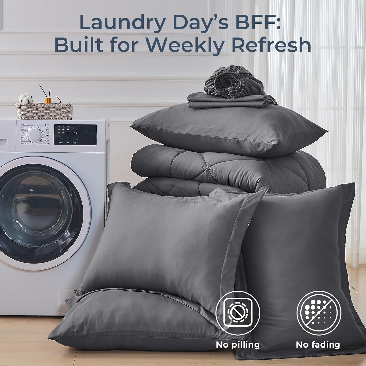 7 Pieces Queen Comforter Set, All Season Reversible Bed in a Bag Queen, Ultra Soft Queen Bedding Set with Grey Comforter, Flat Sheet, Fitted Sheet, Pillowcases, Pillow Shams, Dark Grey