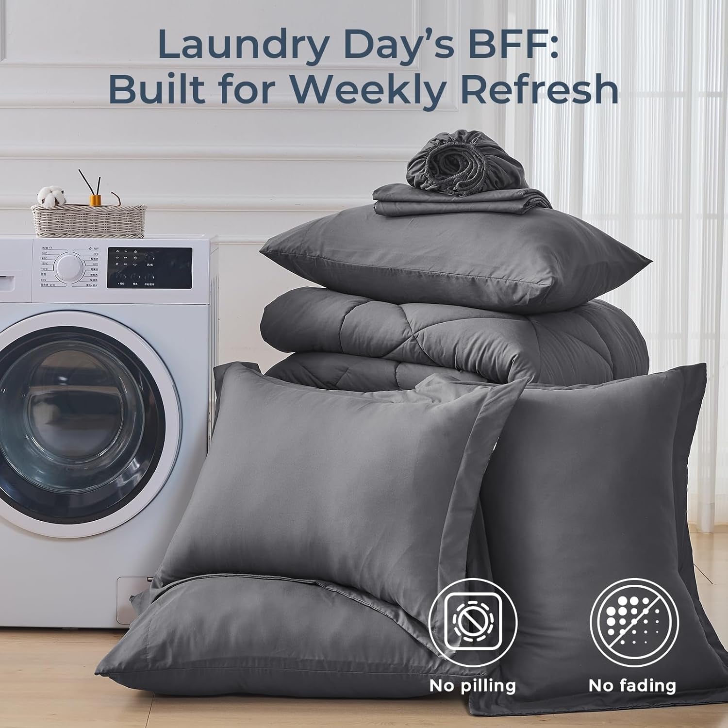 7 Pieces Queen Comforter Set, All Season Reversible Bed in a Bag Queen, Ultra Soft Queen Bedding Set with Grey Comforter, Flat Sheet, Fitted Sheet, Pillowcases, Pillow Shams, Dark Grey