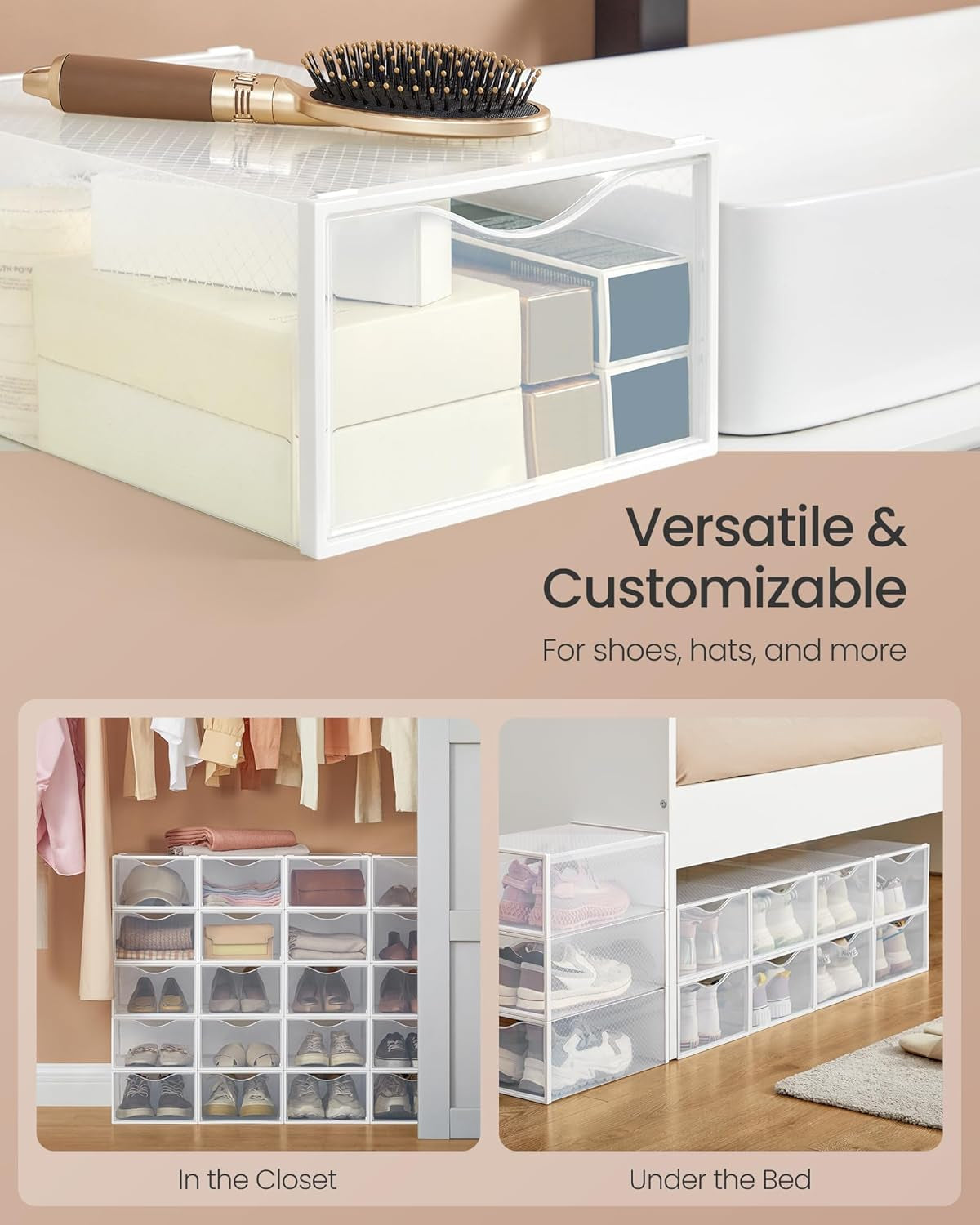 Stackable Shoe Boxes, Set of 12 Plastic Shoe Organizers with Door, Transparent, Easy Assembly, 9.1 X 13.1 X 5.6 Inches, for Shoes up to US Size 10, Transparent and Cloud White ULSP312W01