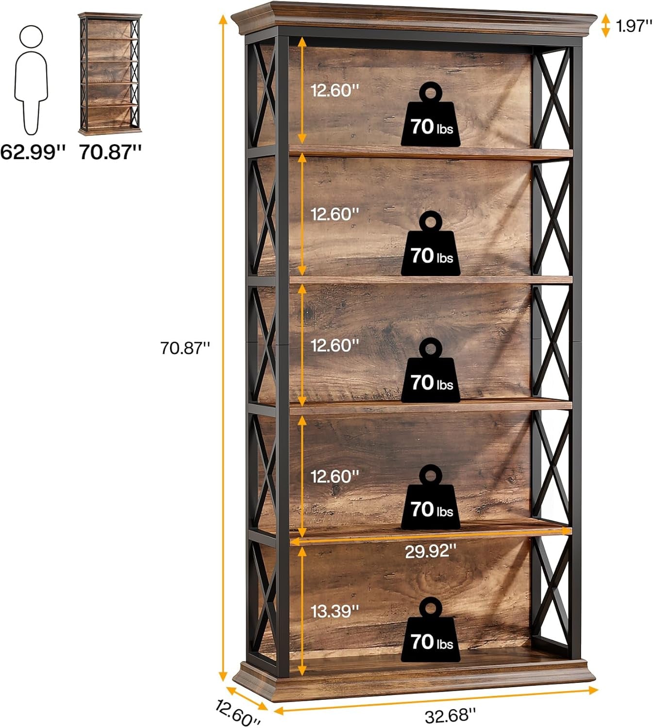 6-Tier Bookcase, 71 Inches Industrial Bookshelves and Bookcases, Floor Standing 5 Shelf Display Storage Shelves Tall Bookcase for Home Office, Living Room, Bed Room, Brown and Black