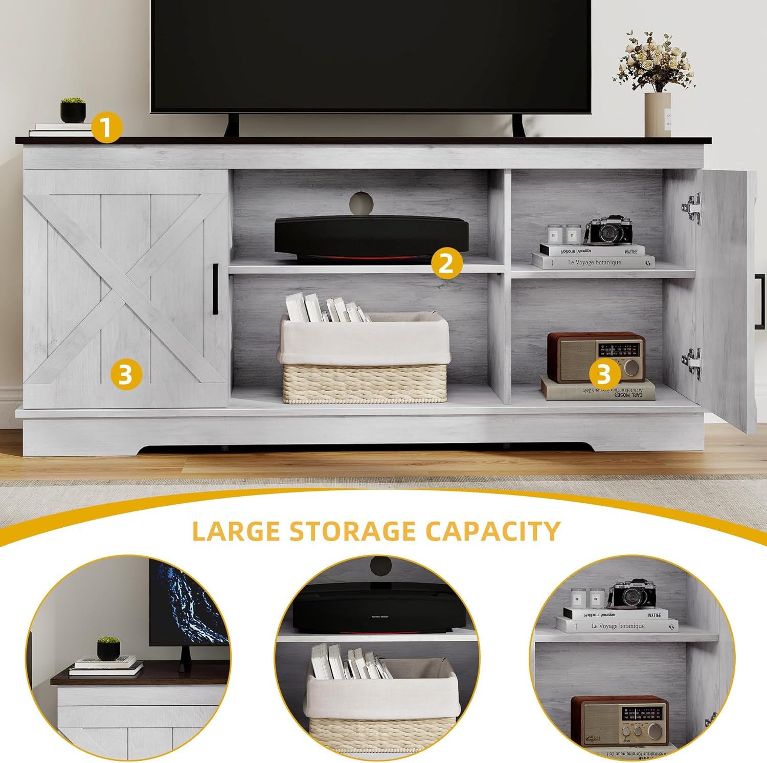 Farmhouse TV Stands for Living Room, Entertainment Center with Storage, TV Stand for 65 Inch TV with Double Barn Doors & Storage Cabinets, Rustic TV Cabinet Media Console, Espresso & Grey White