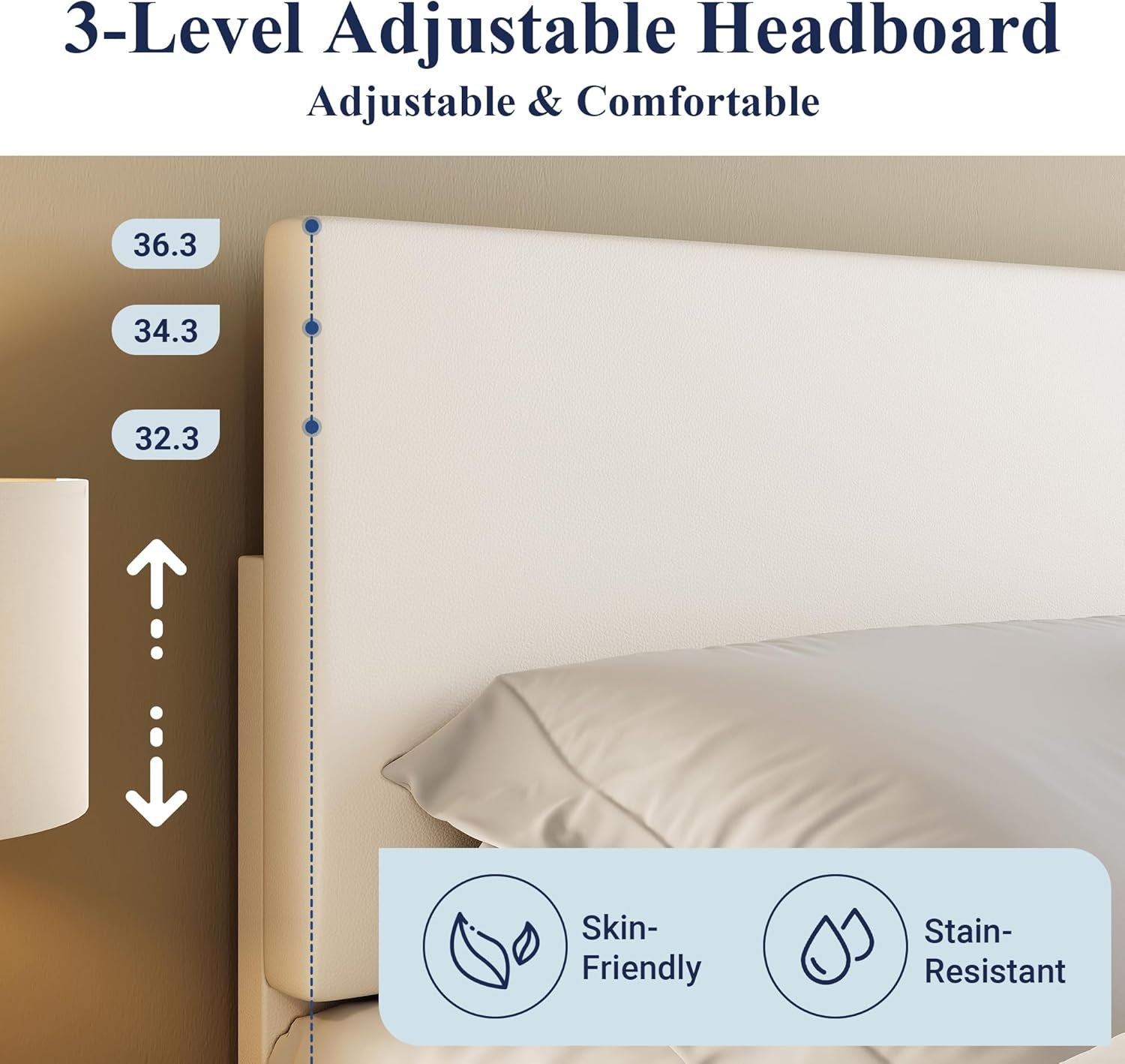 Full Size Bed Frame with Adjustable Headboard, Faux Leather Platform Bed with Wood Slats, Heavy Duty Mattress Foundation, No Box Spring Needed, Noise-Free, Easy Assembly, White