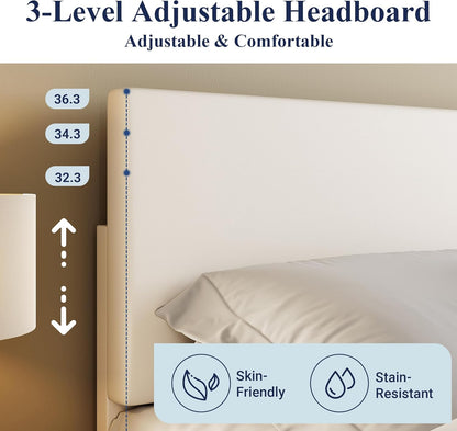 Full Size Bed Frame with Adjustable Headboard, Faux Leather Platform Bed with Wood Slats, Heavy Duty Mattress Foundation, No Box Spring Needed, Noise-Free, Easy Assembly, White
