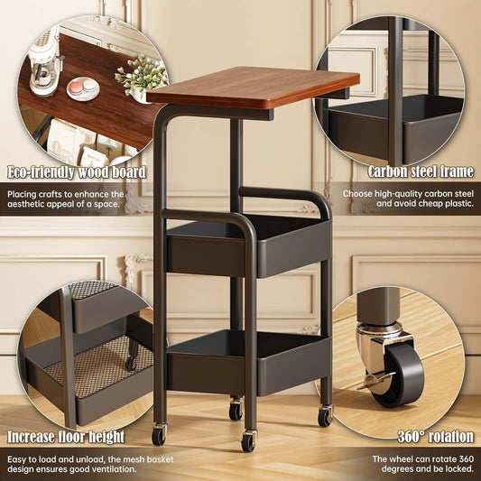 3 Tier Metal Rolling Utility Cart Organizer with Walnut Table Top, Stable and Sturdy Rolling Storage Carts with 2 Lockable Wheels for Kitchen，Bathroom，Snacks，Coffee，Craft，Makeup，Baby Essentials