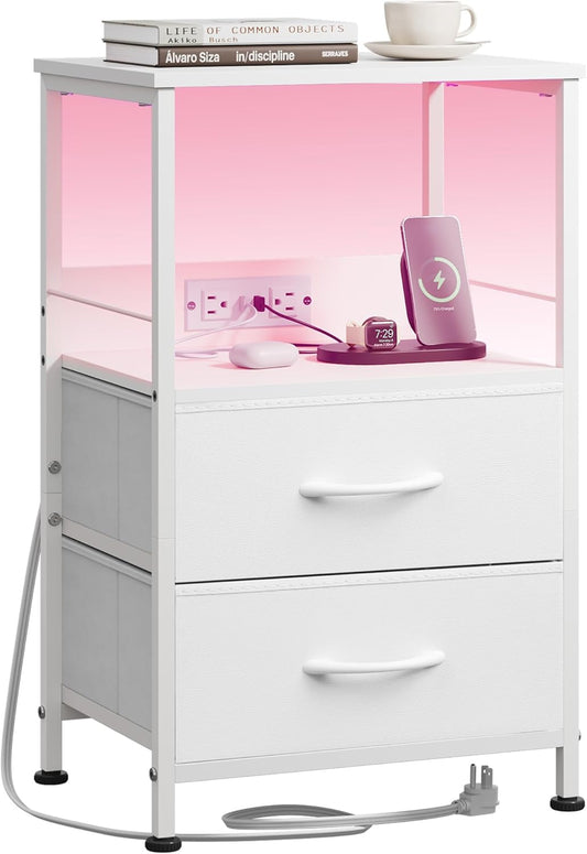 White Night Stand with Charging Station, LED Nightstand with 2 Fabric Drawers and Storage Shelf, Dorm Bedside Table End Table with 2 USB Ports and Outlets, Small Dresser for Bedroom