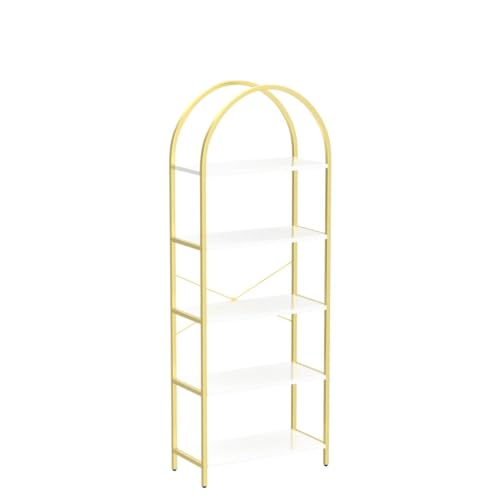Bookshelf 5 Tier Bookcase Arched Display Racks Tall Standing Bookshelves Metal Frame Modern Storage Rack Shelf Large Wood Book Shelf for Bedroom, Living Room, Home Office, White/Gold