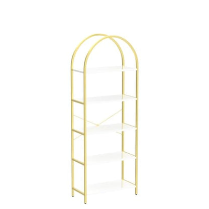 Bookshelf 5 Tier Bookcase Arched Display Racks Tall Standing Bookshelves Metal Frame Modern Storage Rack Shelf Large Wood Book Shelf for Bedroom, Living Room, Home Office, White/Gold