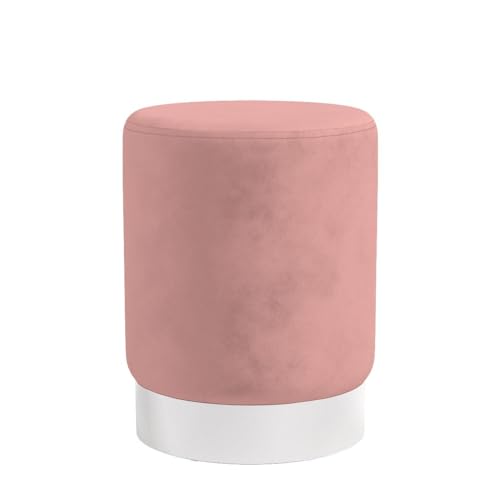 Round Ottoman Foot Stool – Modern Soft Padded Velvet Vanity Chair with Silver Metal Trim – Accent Chair or Foot Rest for Living Room, Bedroom, or Dressing Room (Dusty Rose)