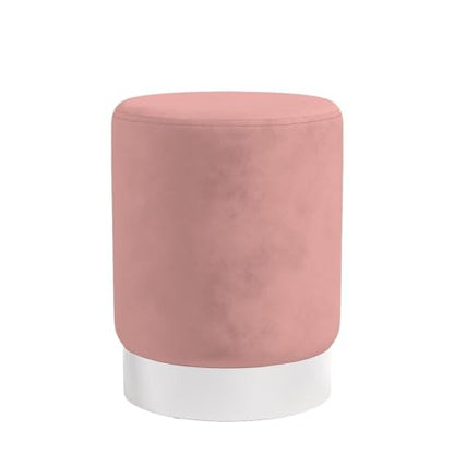 Round Ottoman Foot Stool – Modern Soft Padded Velvet Vanity Chair with Silver Metal Trim – Accent Chair or Foot Rest for Living Room, Bedroom, or Dressing Room (Dusty Rose)