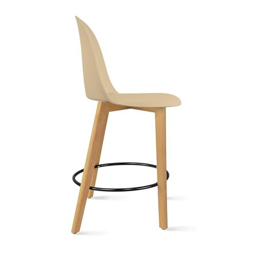 Set of 2 Counter Height Barstools | Mid Century Modern Molded Plastic Seat | Solid Wood Legs with Round Metal Footrest | Kitchen Island Bar Chair | Non-Slip Feet, Beige