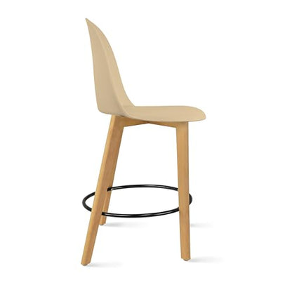 Set of 2 Counter Height Barstools | Mid Century Modern Molded Plastic Seat | Solid Wood Legs with Round Metal Footrest | Kitchen Island Bar Chair | Non-Slip Feet, Beige