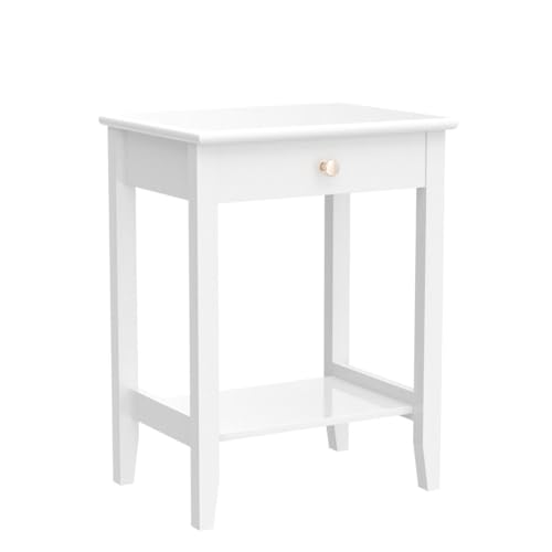Nightstand Wooden 2-Tier Couch Sofa Side Table with Drawer, Storage Shelf, Solid Wood Legs,Mufti-Functional Home Furniture for Living Room Bedroom Study Room End Table (2, White)