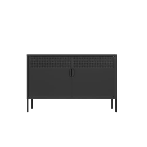 2 Door Storage Sideboard, Metal Storage Cabinet with 2 Adjustable Shelf,Multipurpose Metal Accent Cabinet for Office Home,Music Studio (Black, 25''H)