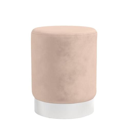 Round Ottoman Foot Stool – Modern Soft Padded Velvet Vanity Chair with Silver Metal Trim – Accent Chair or Foot Rest for Living Room, Bedroom, or Dressing Room (Taupe)