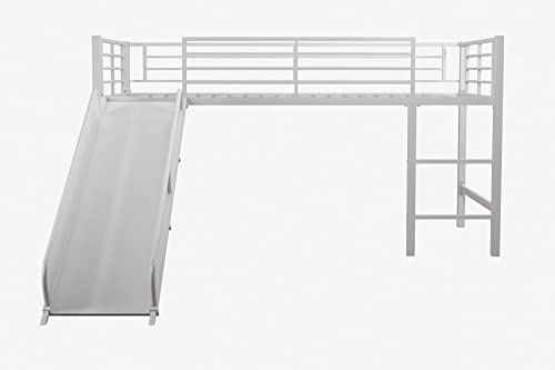 Junior Twin Metal Loft Bed with Slide, Multifunctional Design, White with White Slide