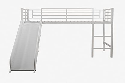 Junior Twin Metal Loft Bed with Slide, Multifunctional Design, White with White Slide